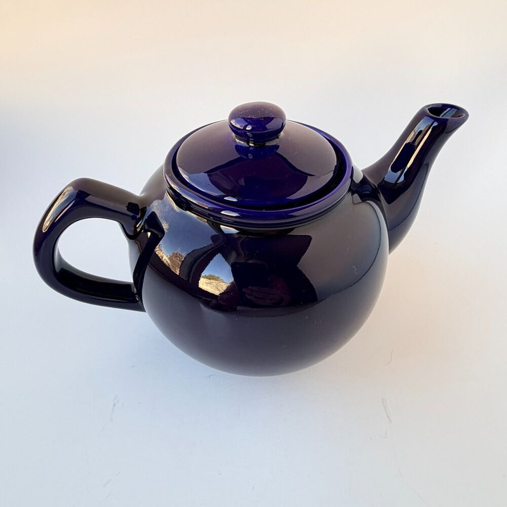 Dark Blue Glazed Ceramic Teapot Vintage Style with Lid 9” Wide